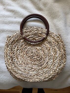 Aritzia Auxiliary Straw Round Tote with Wood Handles